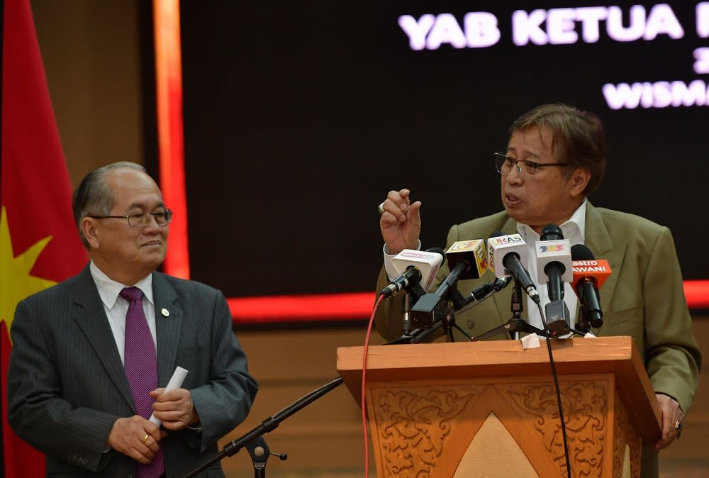 Sarawak Chief Minister Datuk Patinggi Abang Johari Openg (right) said the proposed Sarawak Petrochemical Hub is expected to create 74,000 new jobs, which could potentially contribute an additional RM16 billion to RM20 billion per annum to the state’s GDP. — Bernama pic