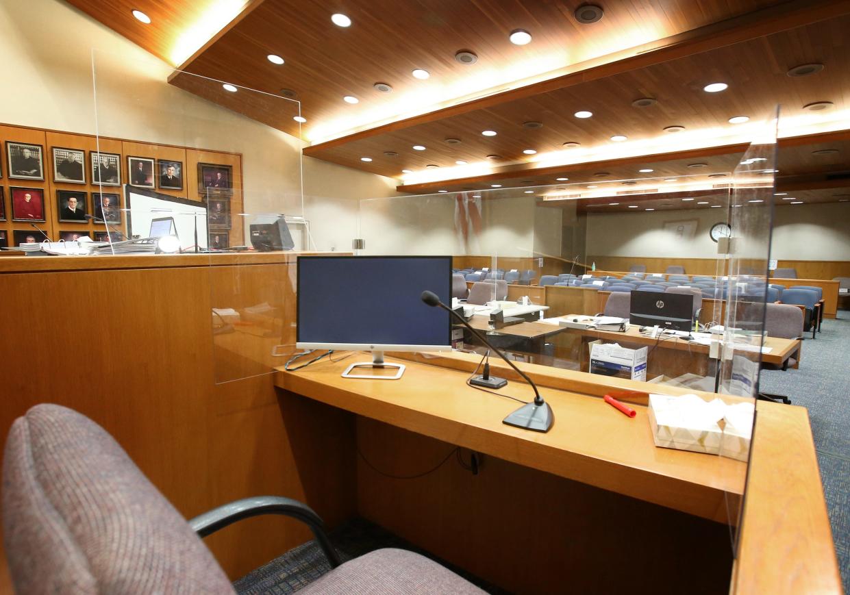 An empty courtroom at Ventura County Superior Court in 2021. Victims of an insurance agent who stole funds from their annuity funds have been left with little recourse after the man killed himself the day he was to appear in court for sentencing.