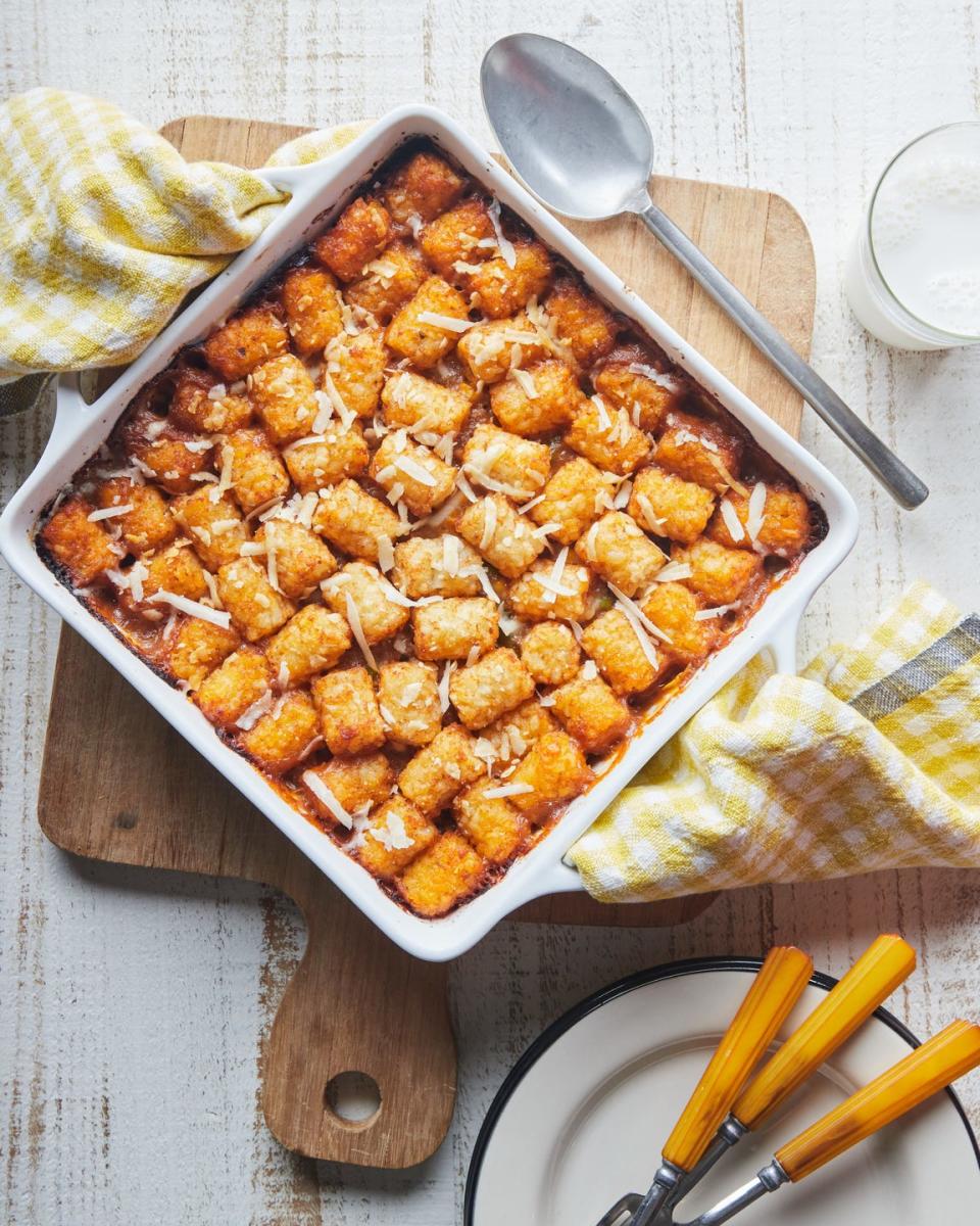 tater tot casserole in a dish