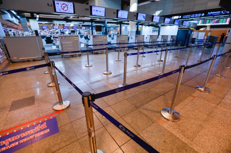 General view of empty check-in counters for international flights, following the coronavirus outbreak, at Don Mueang Airport in Bangkok