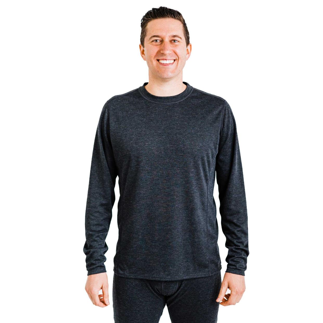 Young man wearing dark gray Polarmax crewneck.