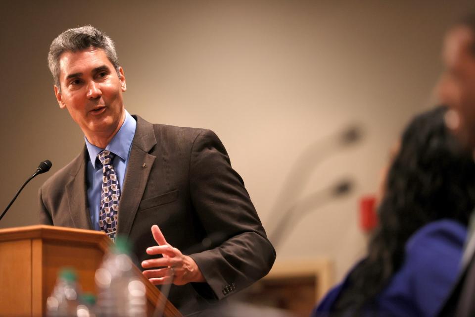 David Plazas, opinion and engagement director of the Tennessean leads a Democratic Gubernatorial forum with candidates Carnita Atwater, Dr. Jason Martin and JB Smiley at the Watkins Auditorium inside the Boling University Center at the University of Tennessee at Martin on Thursday, June 9, 2022.