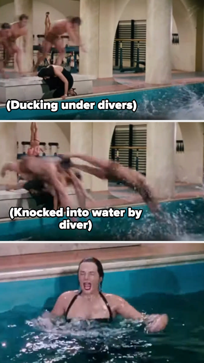 the divers dive into the water while jane is crouched down and then gets knocked in by one of the diver's foot