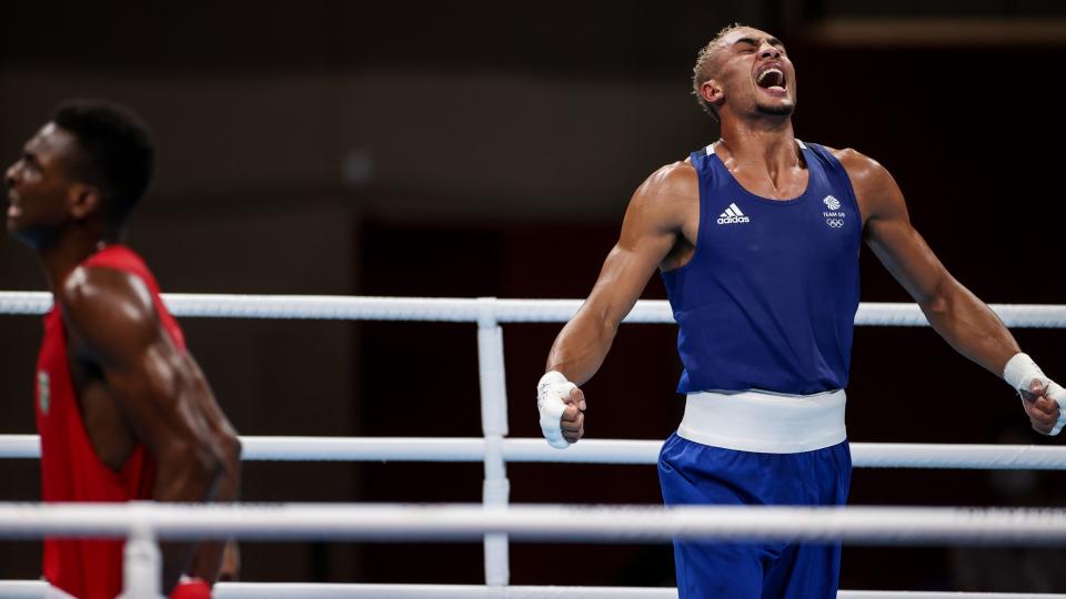 Benjamin Whittaker R of Britain celebrates winning the boxing men's light heavy 75-81kg quarterfinal match against Keno Machado of Brazil at Tokyo 2020 Olympic Games in Tokyo, Japan, July 30, 2021. (Photo by Ou Dongqu/Xinhua via Getty Images)