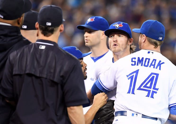 Josh Donaldson's hit-by-pitch started the madness in Toronto. (AP Photo via The Canadian Press)