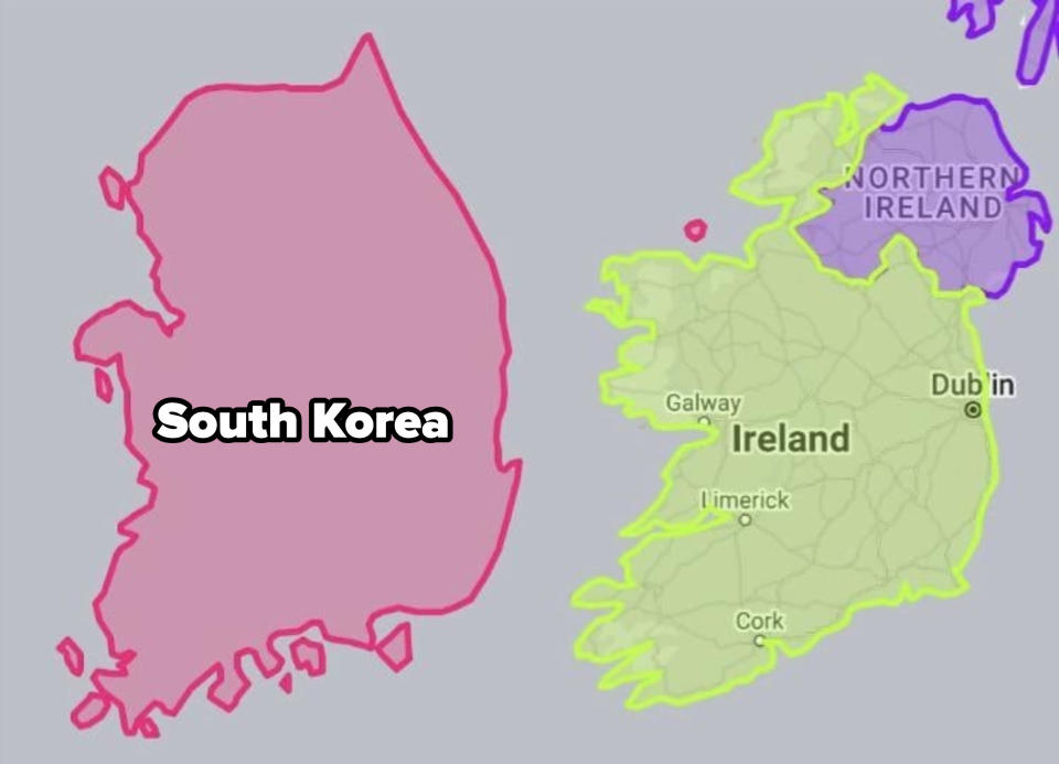 Side-by-side of South Korea and Ireland (with Northern Ireland)