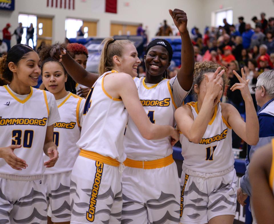 Gulf Coast State players celebrate their NJCAA Tournament title in 2019, which was their third time in four years to win the event in Lubbock. This year's tournament starts Wednesday at the Rip Griffin Center.
