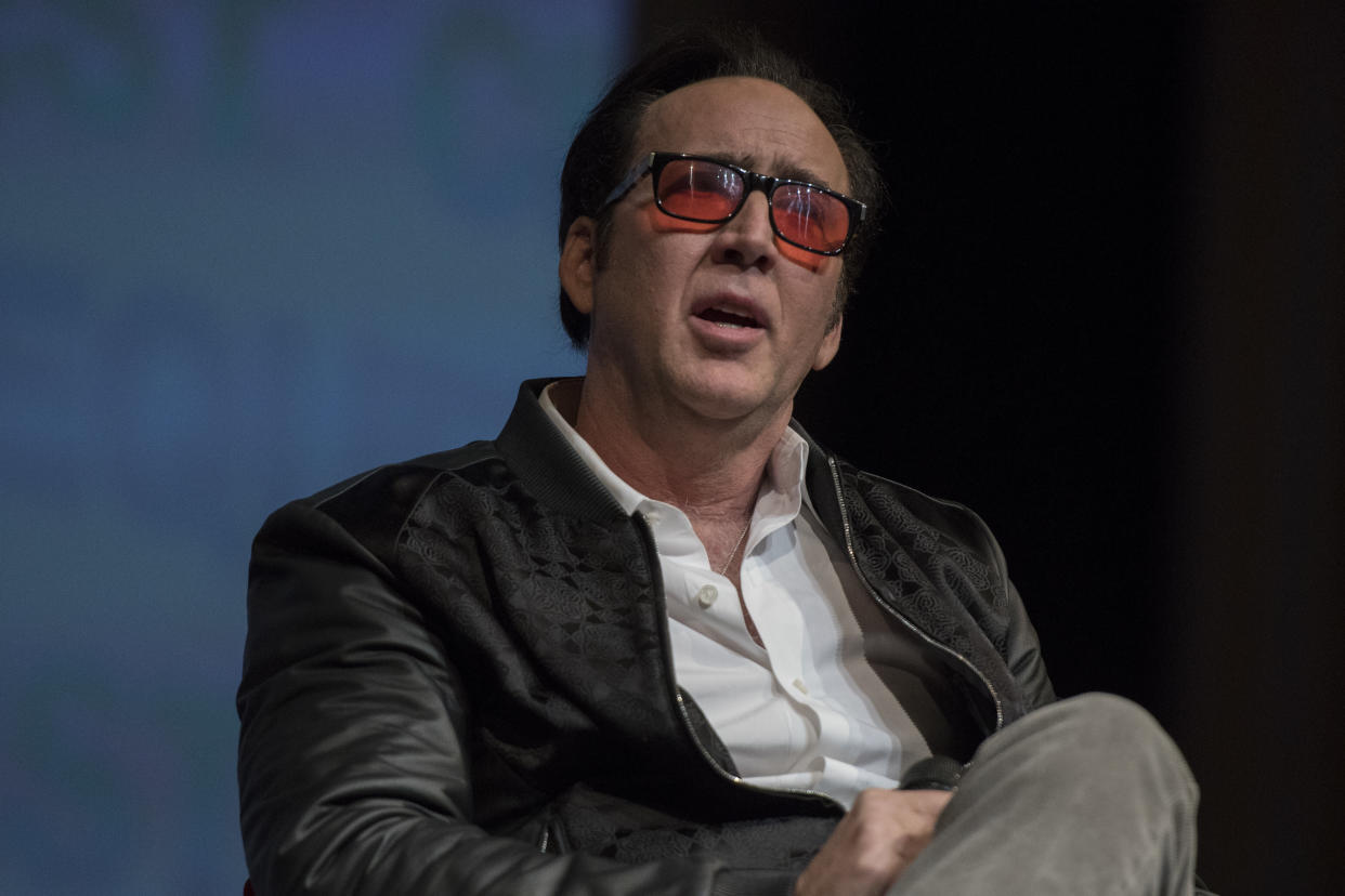 Actor Nicolas Cage speaks to audience about his recent venture into virtual reality acting during the Maverick Spirit Award ceremony held at the California Theatre in San Jose, CA on Wednesday, February 28, 2018. The Maverick Spirit Award is part of the Cinequest Film Festival. (Photo by Yichuan Cao/Sipa USA)