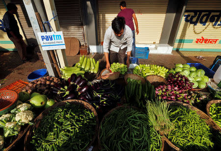 An advertisement board of Paytm, a digital wallet company, is seen placed at a roadside vendor's stall as he arranges vegetables in Mumbai, India, November 19, 2016. REUTERS/Shailesh Andrade