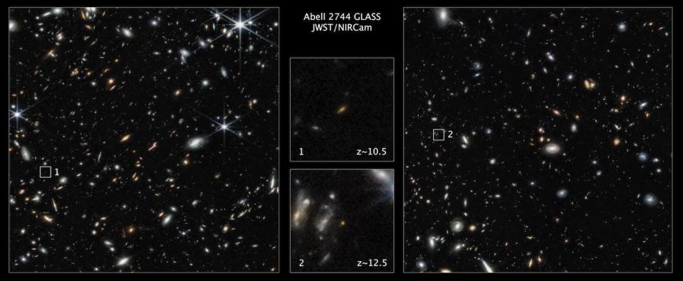 This compound image shows some of the earliest galaxies ever seen, highlighted by the small boxes in the images on the left and right, and shown up close in the images in the center. <a href="https://www.nasa.gov/feature/goddard/2022/nasa-s-webb-draws-back-curtain-on-universe-s-early-galaxies" rel="nofollow noopener" target="_blank" data-ylk="slk:NASA, ESA, CSA, Tommaso Treu (UCLA);elm:context_link;itc:0;sec:content-canvas" class="link ">NASA, ESA, CSA, Tommaso Treu (UCLA)</a>, <a href="http://creativecommons.org/licenses/by-sa/4.0/" rel="nofollow noopener" target="_blank" data-ylk="slk:CC BY-SA;elm:context_link;itc:0;sec:content-canvas" class="link ">CC BY-SA</a>
