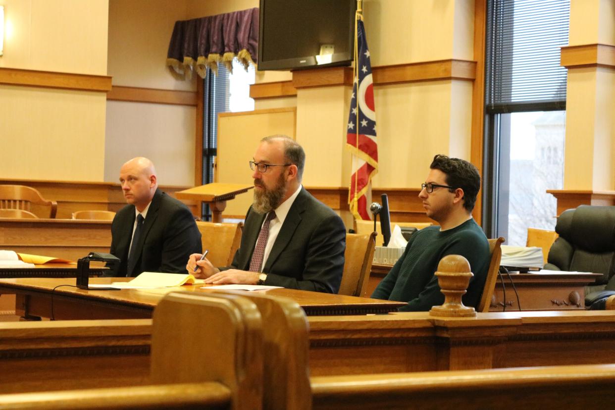 Matthew Shiffert, right, pleaded guilty to more than a dozen felony child pornography charges in June 2019 in Ottawa County Common Pleas Court. Shown here are Ottawa County Prosecutor James VanEerten, left, and defense attorney, Erik Chappell.  Shiffert was arrested Friday on charges involving child obscenity.