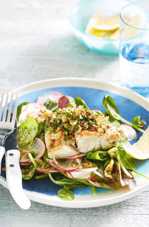 Fast Ed uses rankin cod for this recipe, but you could also use snapper, barramundi, blue-eye trevalla or red emperor fillets. Cooked in WA’s Kimberley.<br><br><a rel="nofollow" href="https://au.lifestyle.yahoo.com/better-homes-gardens/recipes/r/30908986/buttered-barramundi-with-a-herb-crumb-and-spiked-salad-recipe-fast-ed/" data-ylk="slk:Buttered barramundi with a herb crumb and spiked salad recipe.;elm:context_link;itc:0;sec:content-canvas" class="link ">Buttered barramundi with a herb crumb and spiked salad recipe.</a>