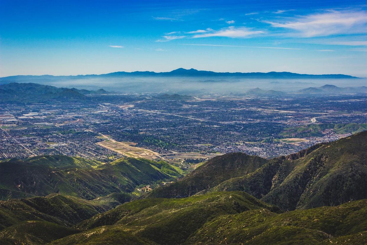 Breathtaking view of the San Bernardino Valley from the San Bernardino Mountains with Santa Ana Mountains visible in the distance, Rim of the World Scenic Overlook, San Bernardino County, California