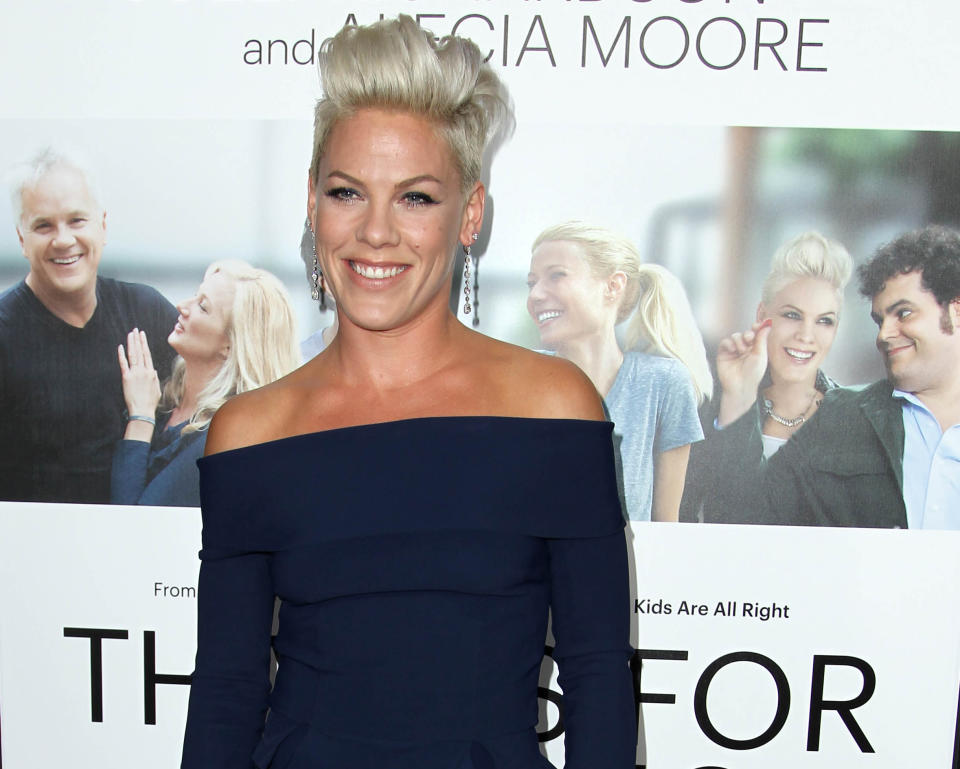 FILE - In this Monday, Sept. 16, 2013 file photo, Alecia Moore aka Pink arrives at the premiere of "Thanks for Sharing" at the ArcLight Hollywood, in Los Angeles. The pop star makes her acting debut in “Thanks for Sharing” opposite Tim Robbins, Mark Ruffalo and Josh Gad. The film premiered the same day she was named Billboard’s Woman of the Year. (Photo by Matt Sayles/Invision/AP, File)