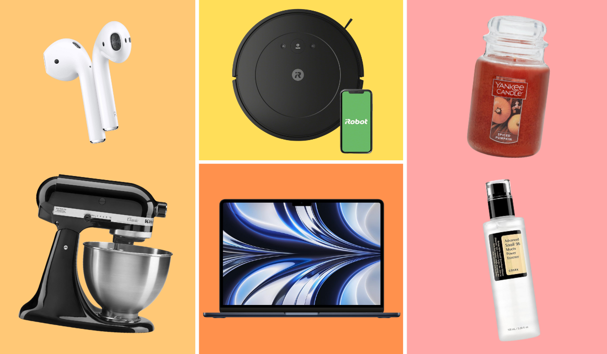 AirPods, Kitchenaid mixer, Roomba vacuum, Macbook Air, Spiced Pumpkin Yankee Candle and snail mucin serum