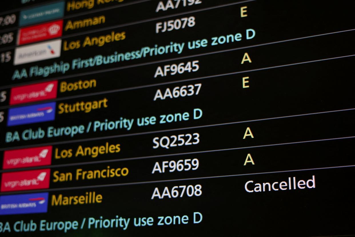 A view shows the departures board at London Heathrow Terminal 3 (REUTERS)