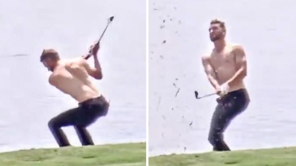 American Kevin Dougherty removed his shirt for a shot in the water. (Image: Web.com)