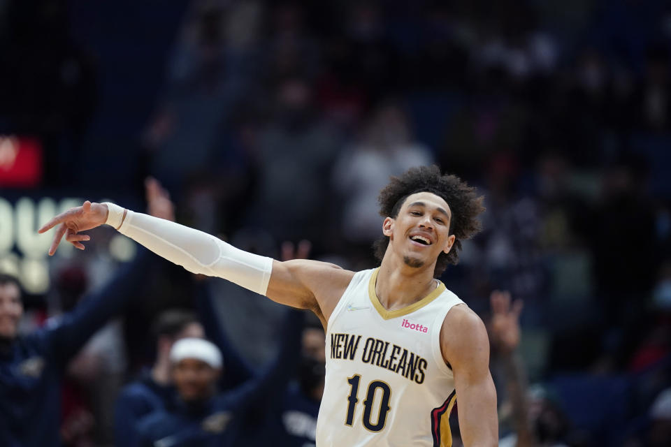 New Orleans Pelicans center Jaxson Hayes (10) celebrates after making a 3-point shot in the second half of an NBA basketball game against the Los Angeles Clippers in New Orleans, Thursday, Jan. 13, 2022. The Pelicans won 113-89. (AP Photo/Gerald Herbert)
