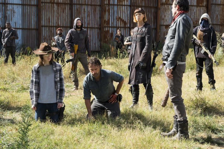 Chandler Riggs as Carl Grimes, Andrew Lincoln as Rick Grimes, Pollyanna McIntosh as Jadis, and Jeffrey Dean Morgan as Negan. (Photo: Gene Page/AMC)