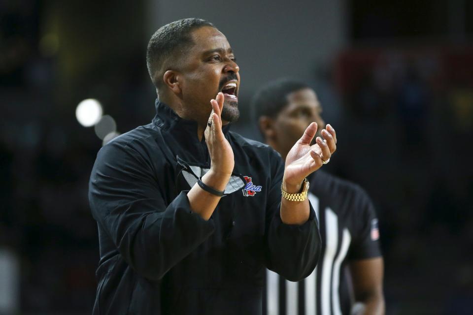 Tulsa head coach Frank Haith shouts instructions to his team during the first half of an NCAA college basketball game against Houston in Tulsa, Okla. on Saturday, Jan. 15, 2022. (AP Photo/Dave Crenshaw)