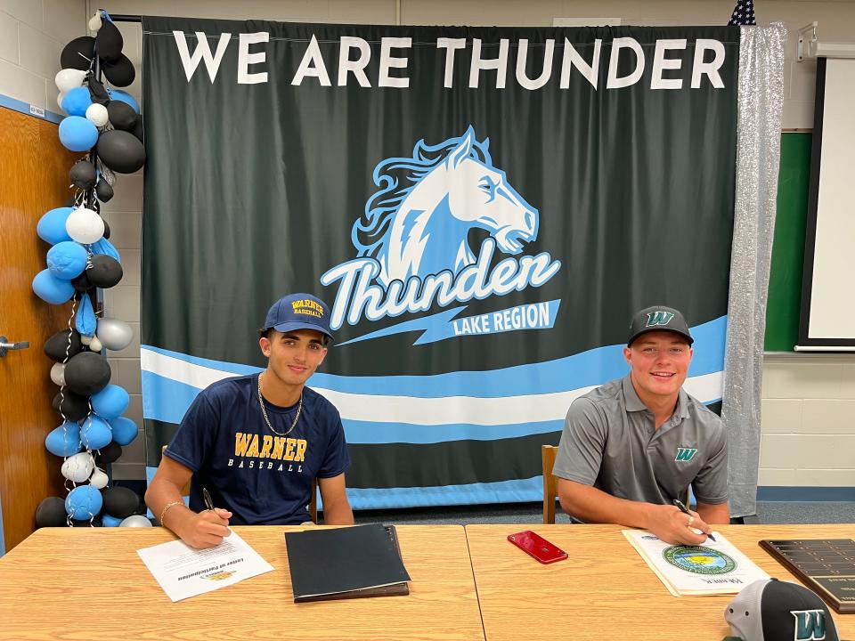 Lake Region's Brock Joyce, left, and Mac McClelland sign their letters of intent to play college baseball. Joyce is going to Warner University while McClelland will attend Webber International.