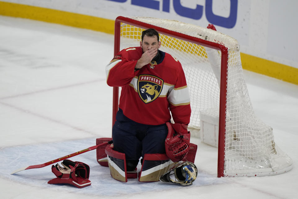 Florida Panthers goaltender Anthony Stolarz reacts after a play during the first period of an NHL hockey game against the Toronto Maple Leafs, Tuesday, April 16, 2024, in Sunrise, Fla. (AP Photo/Wilfredo Lee)
