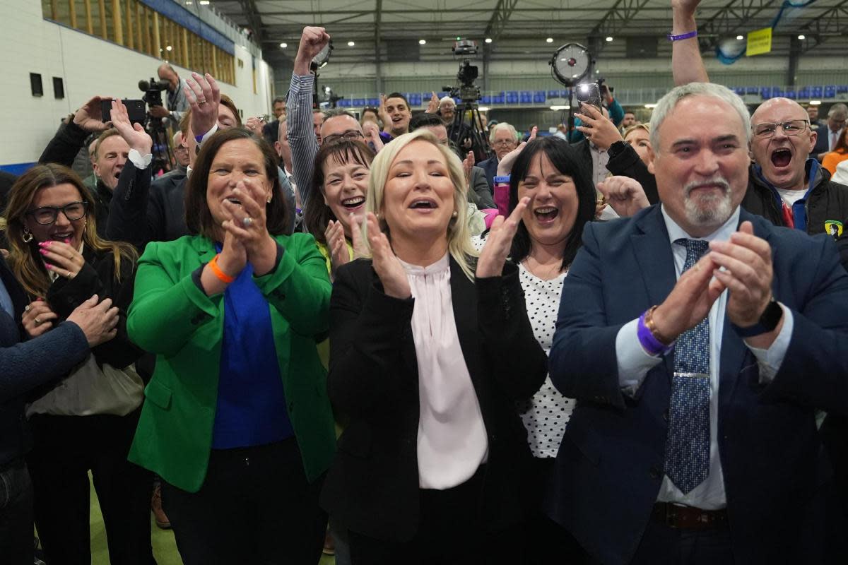 Sinn Fein's Mary Lou McDonald and Michelle O'Neill celebrate the election of Pat Cullen in Fermanagh South Tyrone <i>(Image: PA)</i>