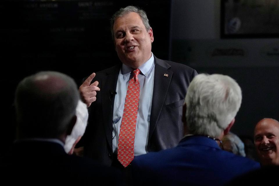 Republican presidential candidate former New Jersey Gov. Chris Christie gestures during a gathering, Tuesday, June 6, 2023, in Manchester, N.H.