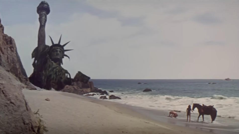 The iconic ending of Planet of the Apes, with the Statue of Liberty on the beach