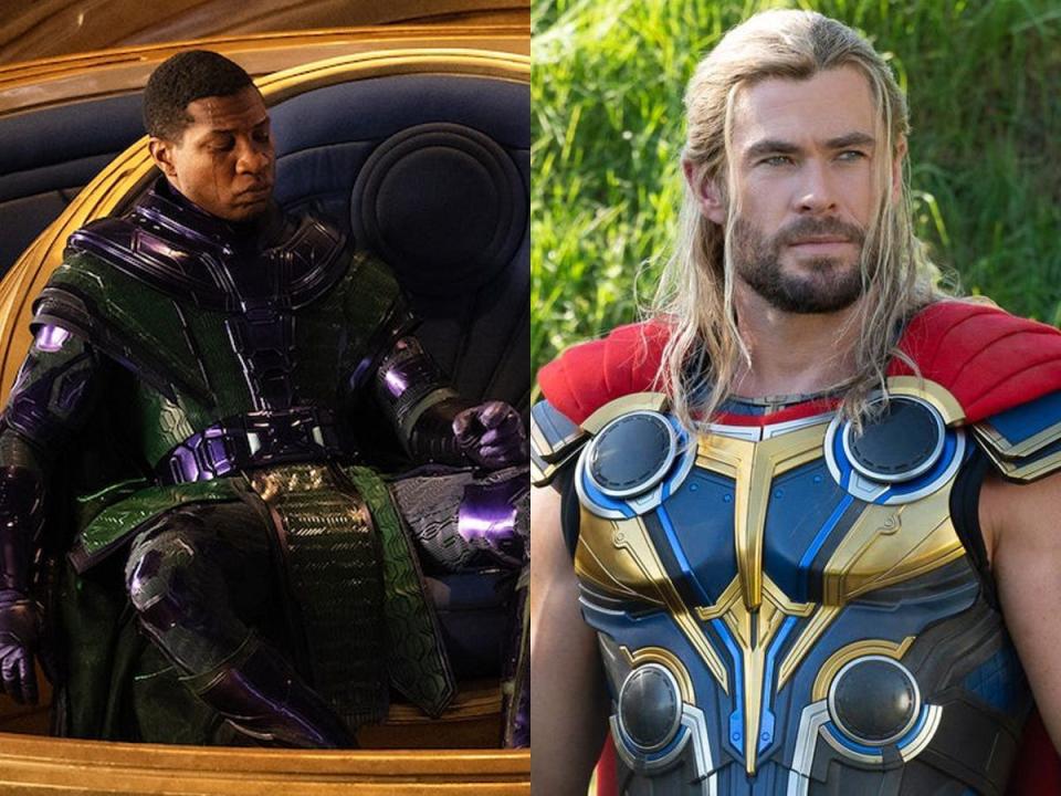 Jonathan Majors as Kang and Chris Hemsworth as Thor.