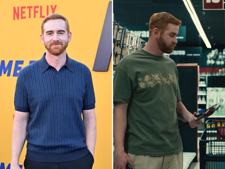 left: andrew santino on a red carpet, wearing a blue polo; right: andrew santino as michael in beef, looking at an object in a hardware store