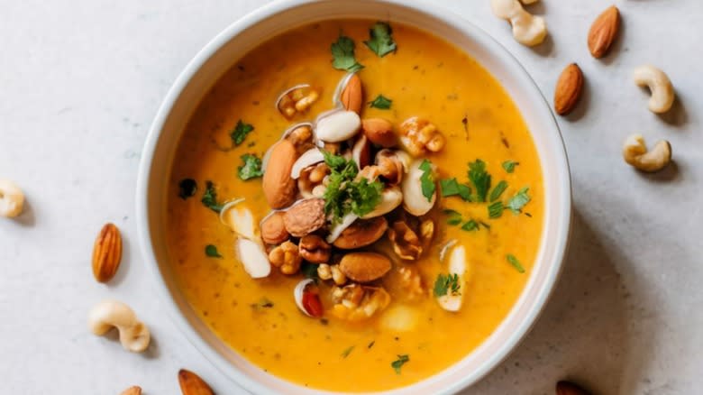 Bowl of soup with nuts