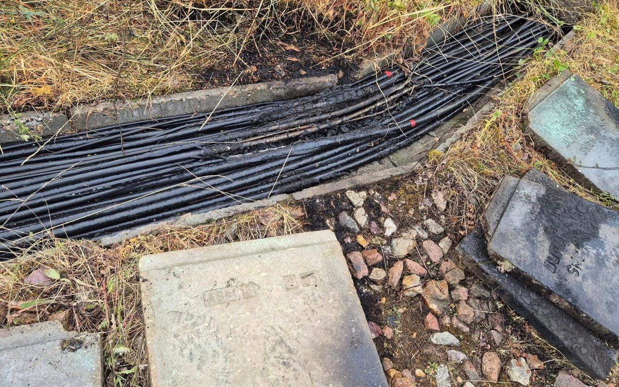 Damaged cables near Courtalain, France, at the site where saboteurs targeted the high-speed train network