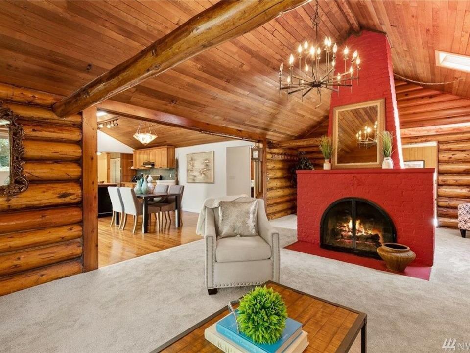 The living room of the log home in Woodinville, Washington.