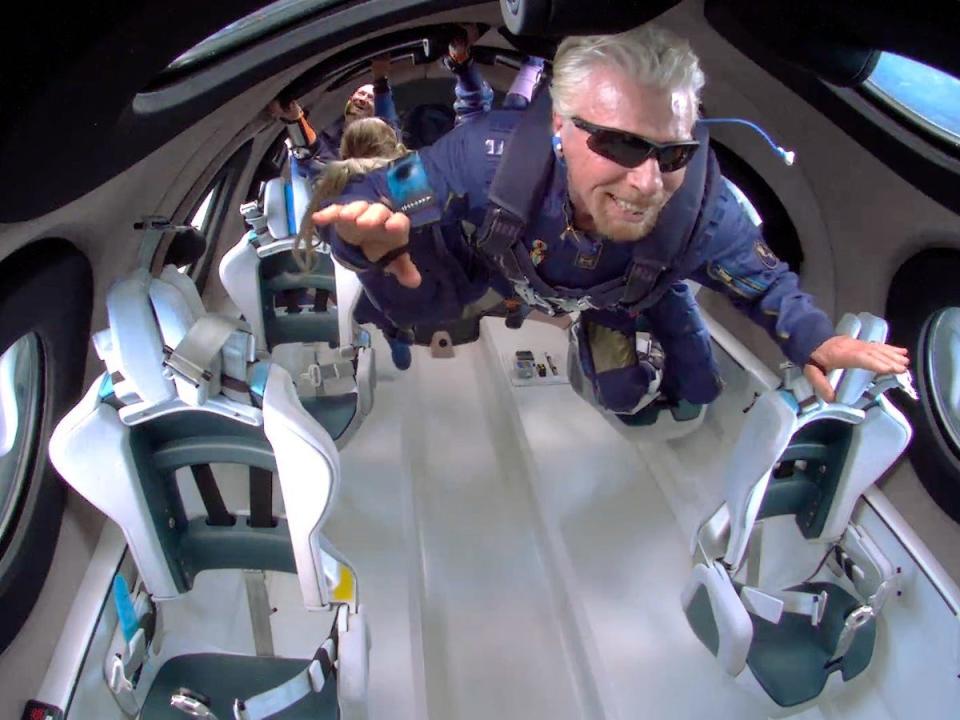 Richard Branson in space aboard a Virgin Galactic rocket plane.