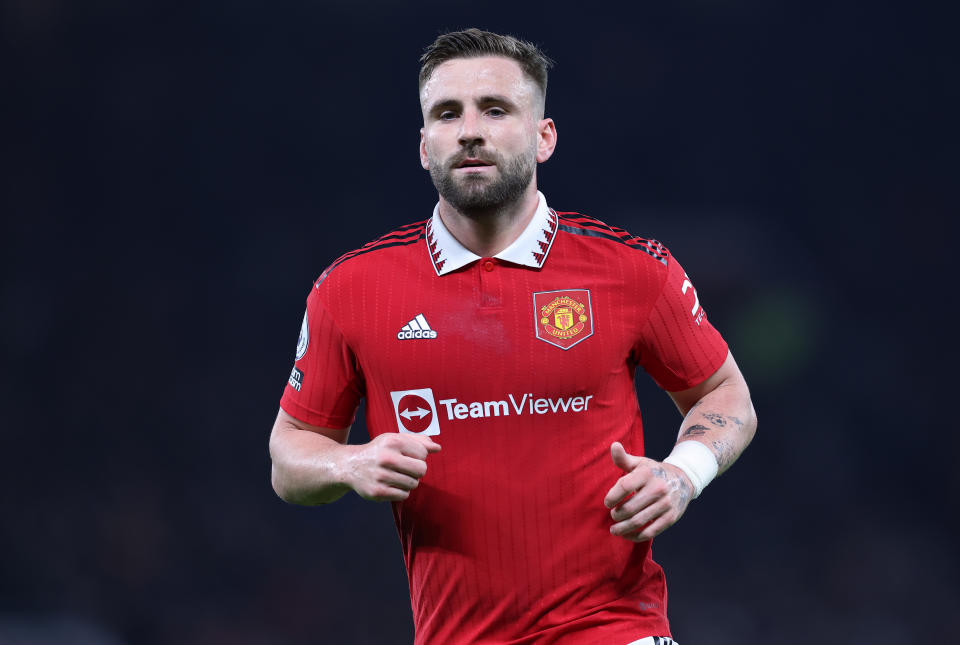 MANCHESTER, ENGLAND - APRIL 05:  Luke Shaw of Manchester United during the Premier League match between Manchester United and Brentford FC at Old Trafford on April 05, 2023 in Manchester, England. (Photo by Alex Livesey - Danehouse/Getty Images)