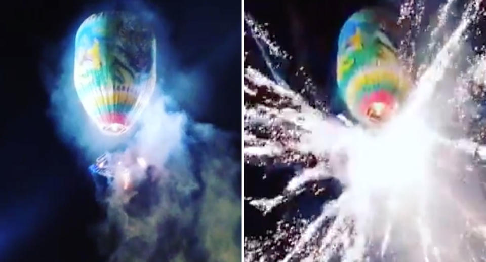 A hot air balloon has exploded after it was hit by fireworks during the annual Tazaungdaing Festival in Taunggyi, Myanmar. Source: Storyful