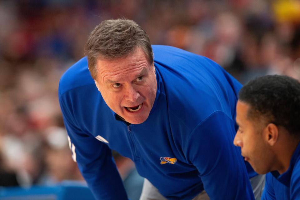 Kansas coach Bill Self yells down at his players during the second half of Wednesday's exhibition game against Fort Hays State inside Allen Fieldhouse.