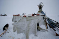 A dog walks by a tent at a reindeer camping ground owned by the agricultural cooperative organisation "Erv", about 250 km north of Naryan-Mar, in Nenets Autonomous District, Russia, March 8, 2018. REUTERS/Sergei Karpukhin