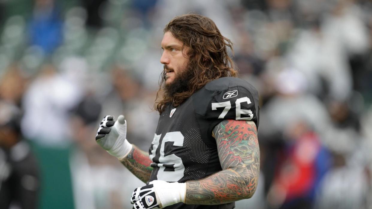 Mandatory Credit: Photo by Ben Margot/AP/Shutterstock (6026481cm)Robert Gallery Oakland Raiders guard Robert Gallery (76) before an NFL football game in Oakland, CalifBroncos Raiders Football, Oakland, USA.