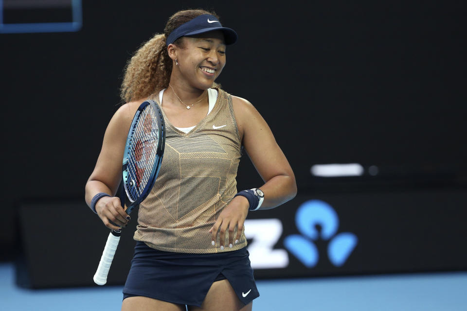 Naomi Osaka of Japan reacts during their singles match against Maryna Zanevska of Belgium at Summer Set tennis tournament ahead of the Australian Open in Melbourne, Australia, Thursday, Jan. 6, 2022. (AP Photo/Hamish Blair)