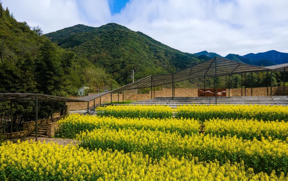 Summertime flowers bloom in the middle of the Sou Fujimoto-designed Flowing Cloud pavilion.