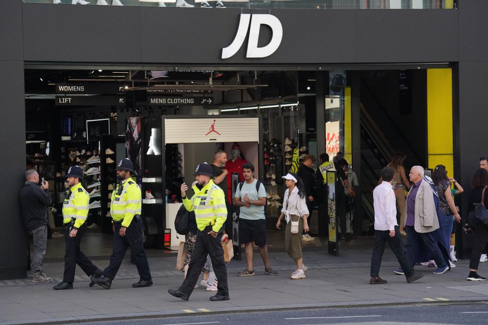 Police officers on Oxford Street, central London. The Metropolitan Police has said there will be a heightened police presence following online speculation about opportunities to commit crime around Oxford Street on Wednesday afternoon. Picture date: Wednesday August 9, 2023.