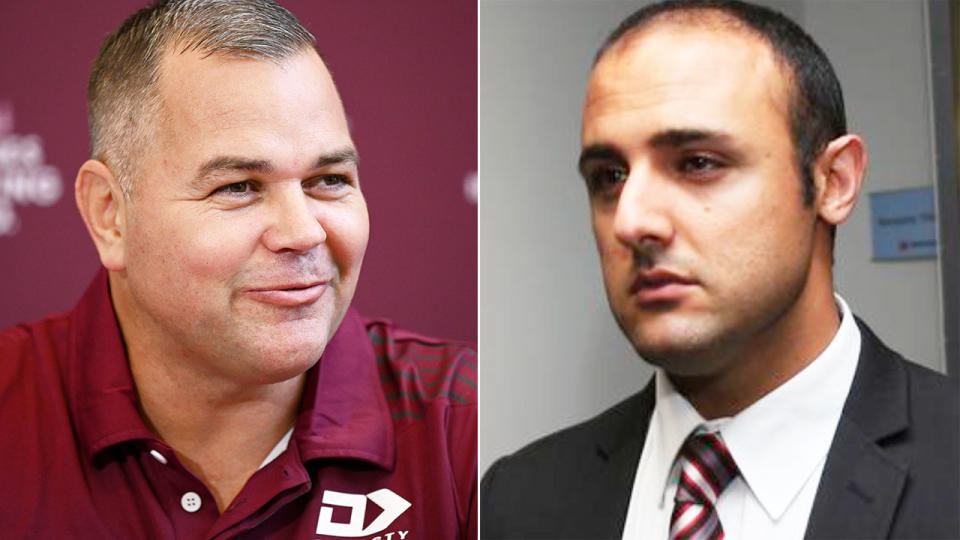 Pictured left to right, Manly coach Anthony Seibold and NRL player agent Isaac Moses. 