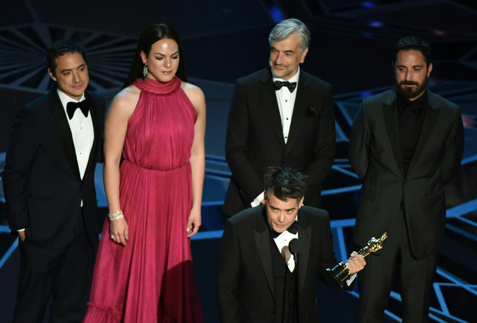 Chilean director Sebastian Lelio delivers a speech after he won the Oscar for Best Foreign Language Film for