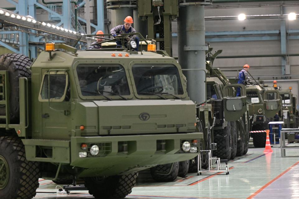 Military vehicles are pictured at a plant, which is part of Russian missile manufacturer Almaz-Antey, in Saint Petersburg on January 18, 2023.