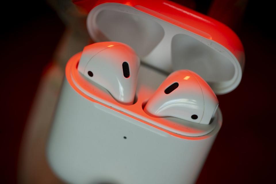 <p>Jaap Arriens/NurPhoto via Getty</p> A pair of Apple AirPods