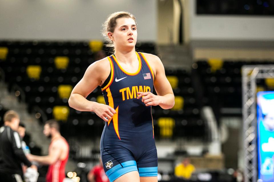 Rachel Watters is introduced before wrestling at 68 kg during the second session of the USA Wrestling World Team Trials Challenge Tournament on May 21, 2022, at Xtream Arena in Coralville.
