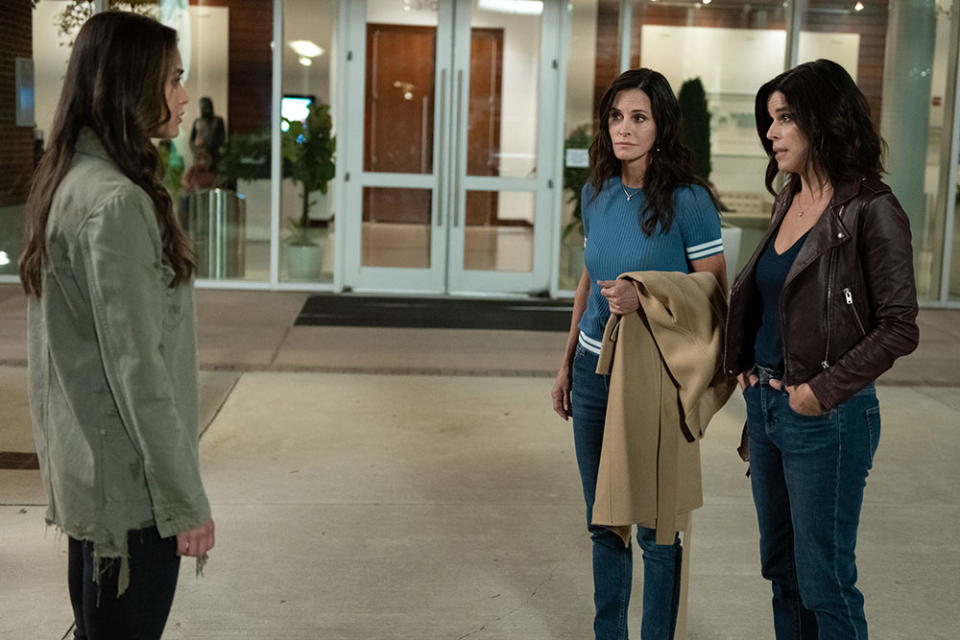 Melissa Barrera (“Sam”), Courteney Cox (“Gale Weathers”) and Neve Campbell (“Sidney Prescott”) star in Scream. - Credit: Courtesy of Paramount Pictures and Spyglass Media Group
