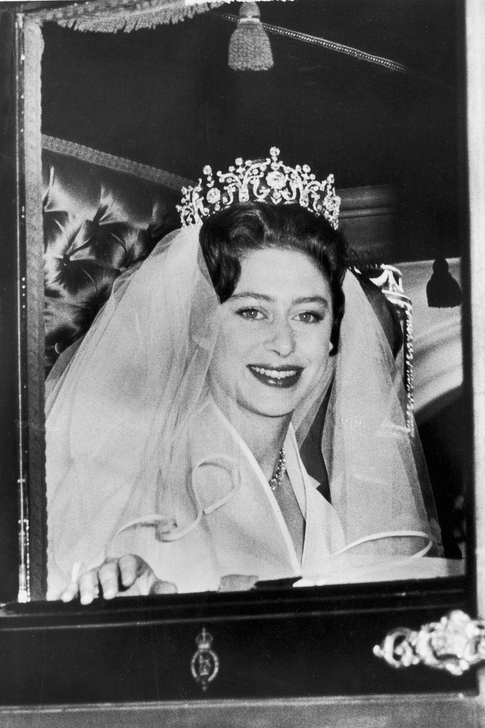 <p>Princess Margaret wore the Poltimore tiara for her wedding in 1960. The Garrard-made creation dates back to 1870, but the royal purchased it from the Poltimore family herself at auction for around $7,200.</p>